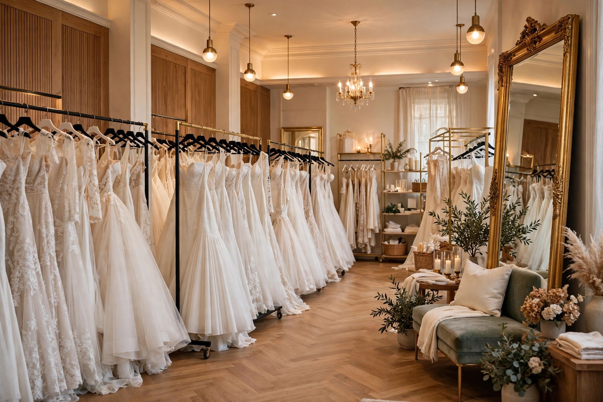 Elegant bridal shop with wedding dresses on racks