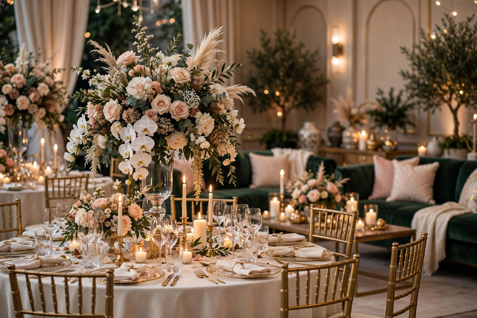 Elegant wedding reception with rented furniture and floral centerpieces