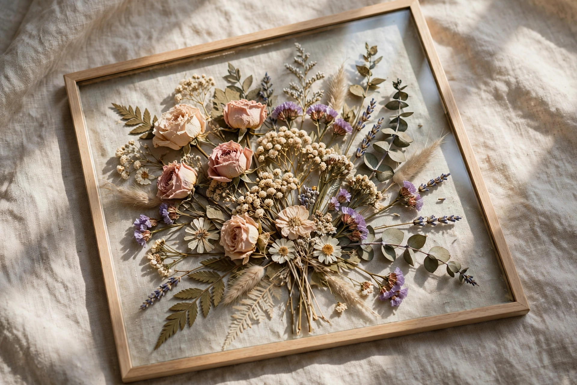Pressed wedding bouquet flowers arranged in a glass frame keepsake