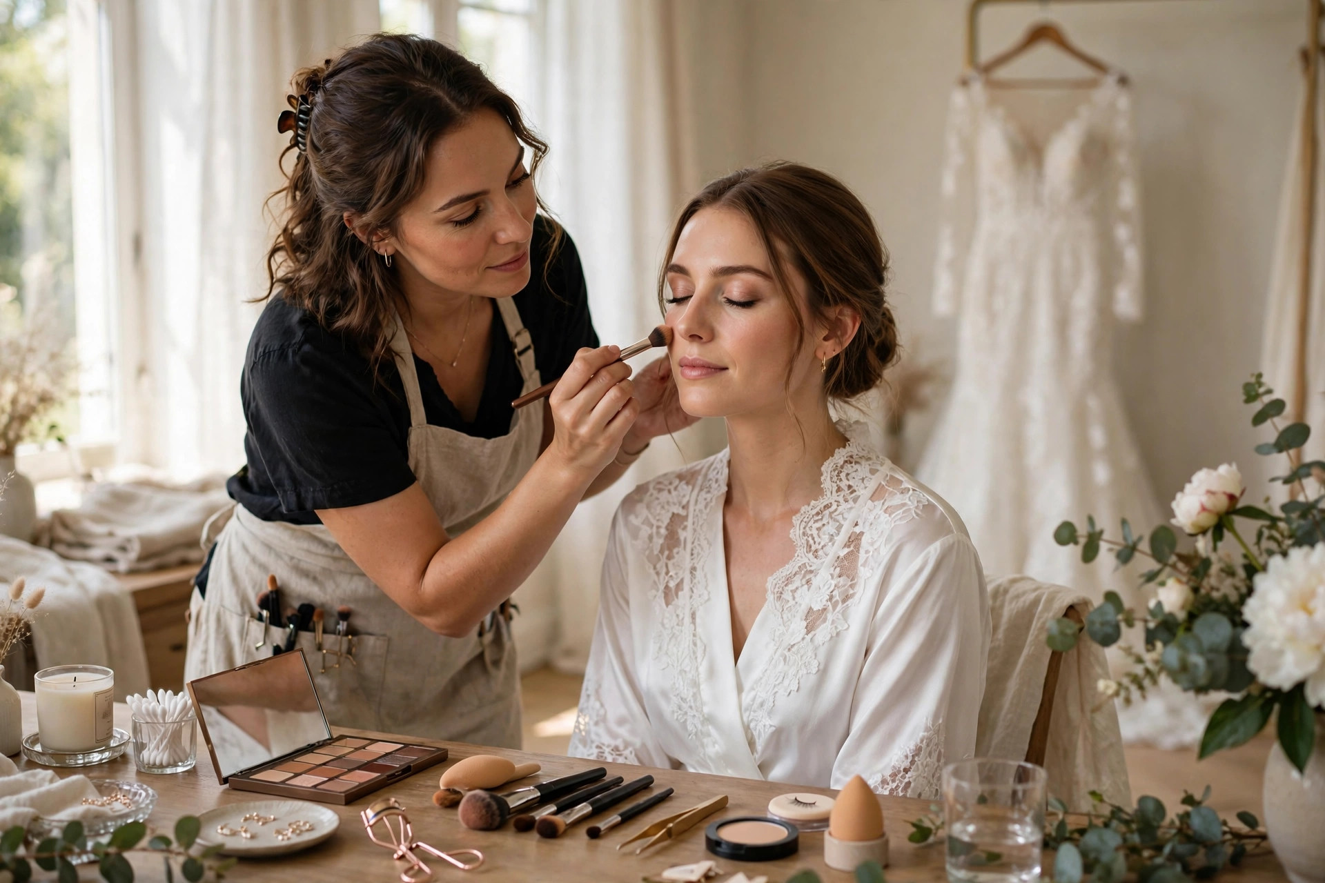 Makeup artist applying finishing touches to a bride on the wedding morning