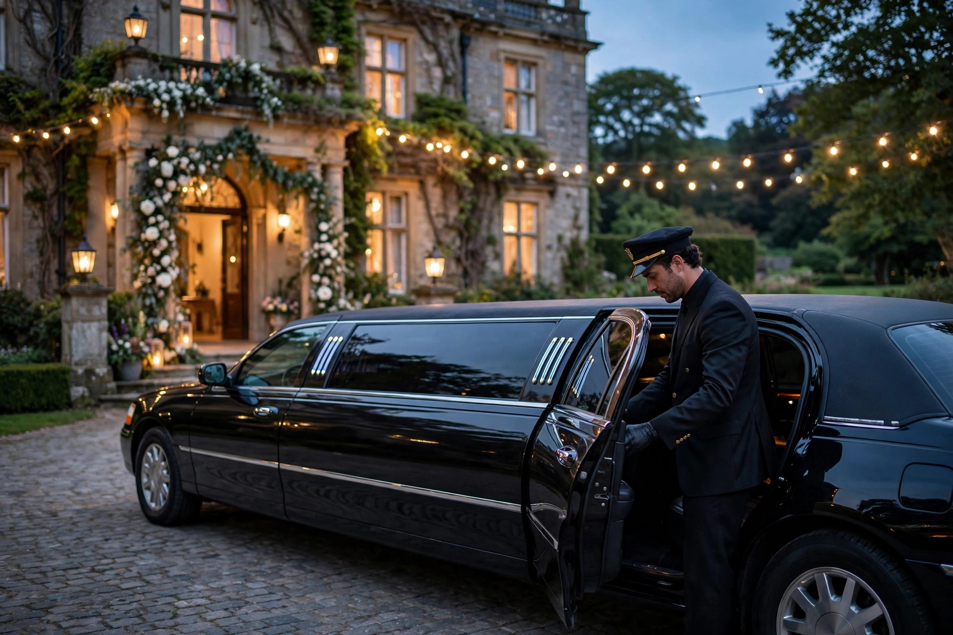 Luxury stretch limousine with chauffeur outside a wedding venue at dusk