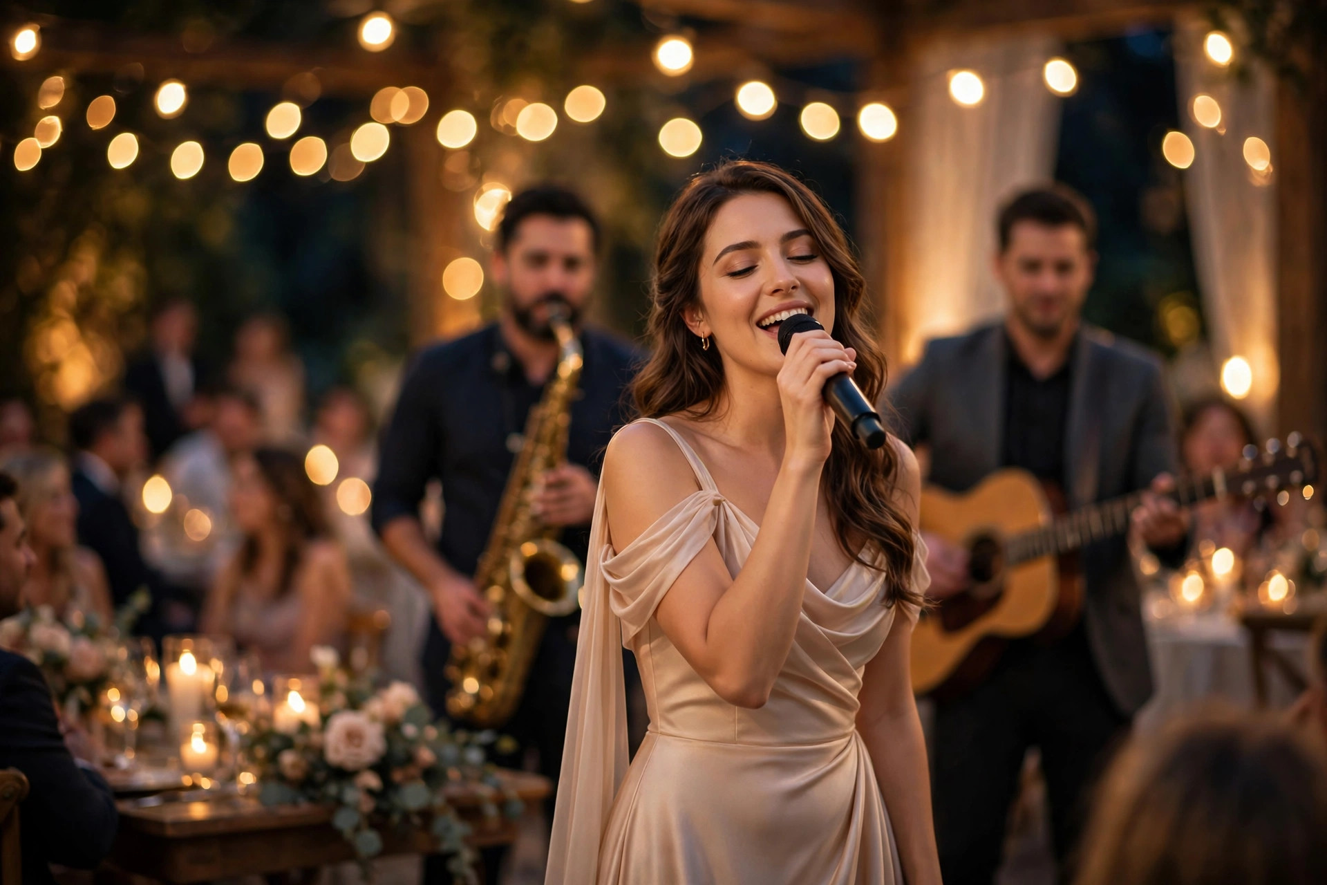 Live wedding band performing at a candlelit reception