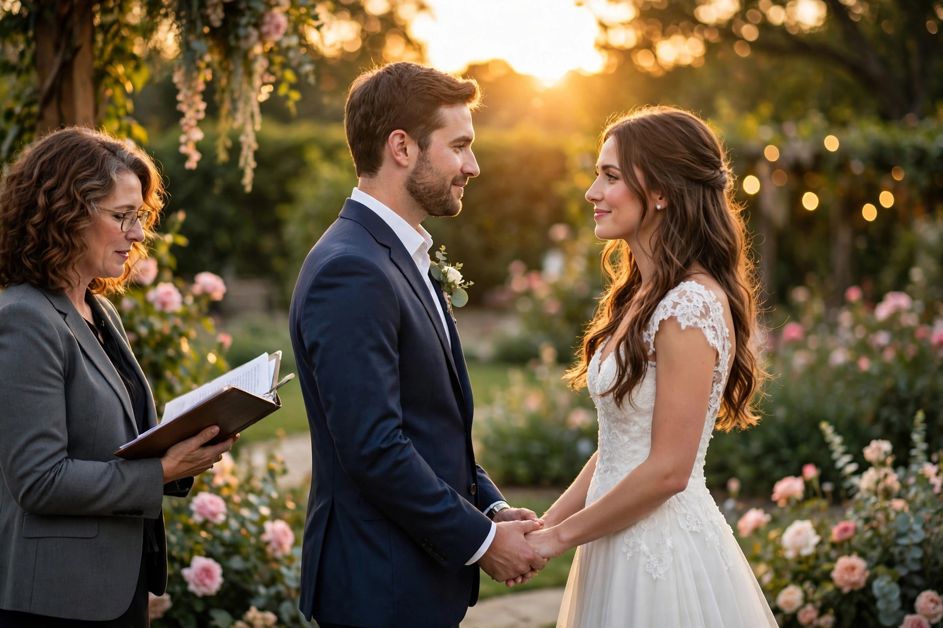 Wedding officiant conducting an outdoor ceremony at golden hour