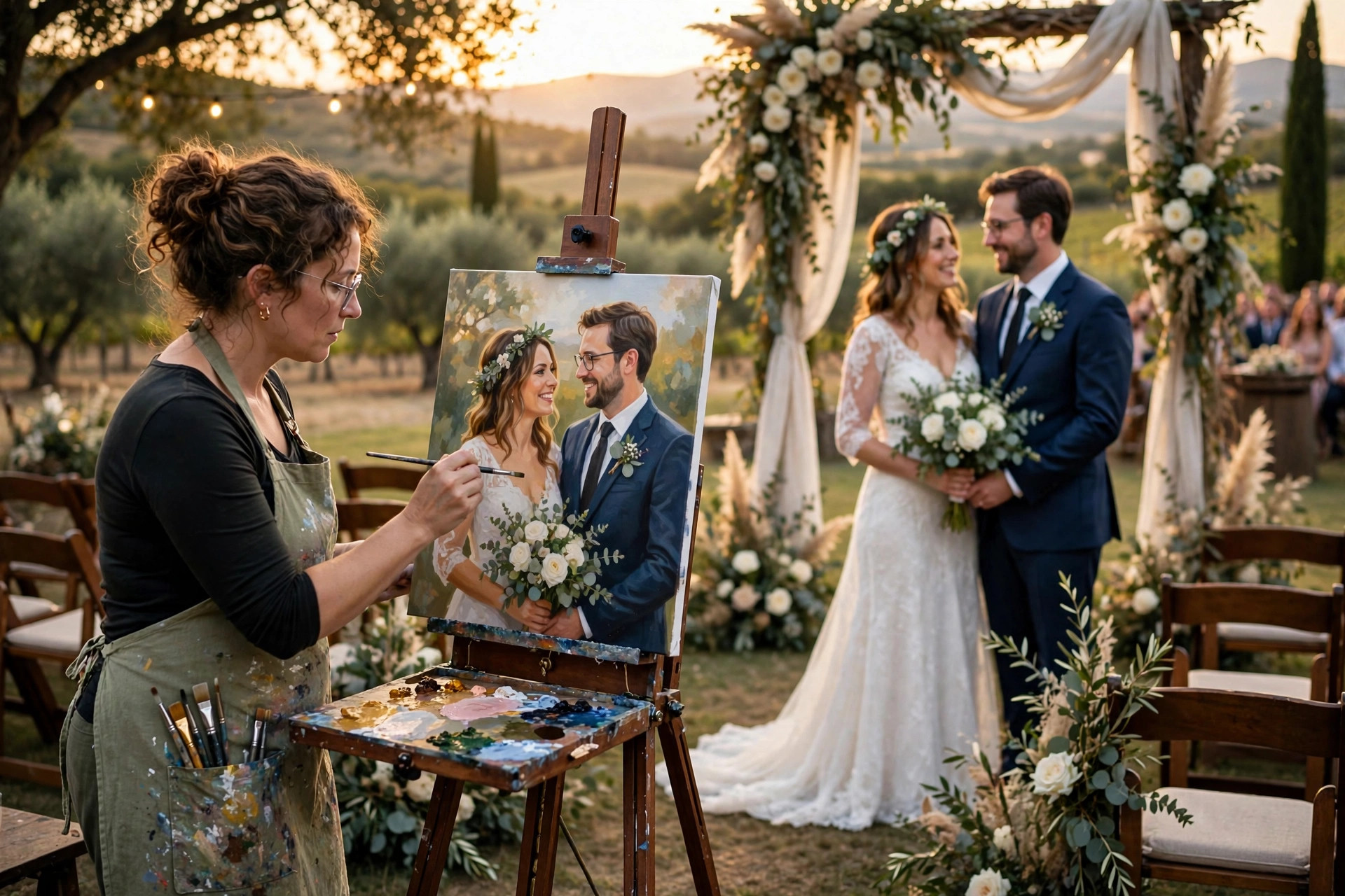 Live wedding painter at an easel painting the couple during their ceremony