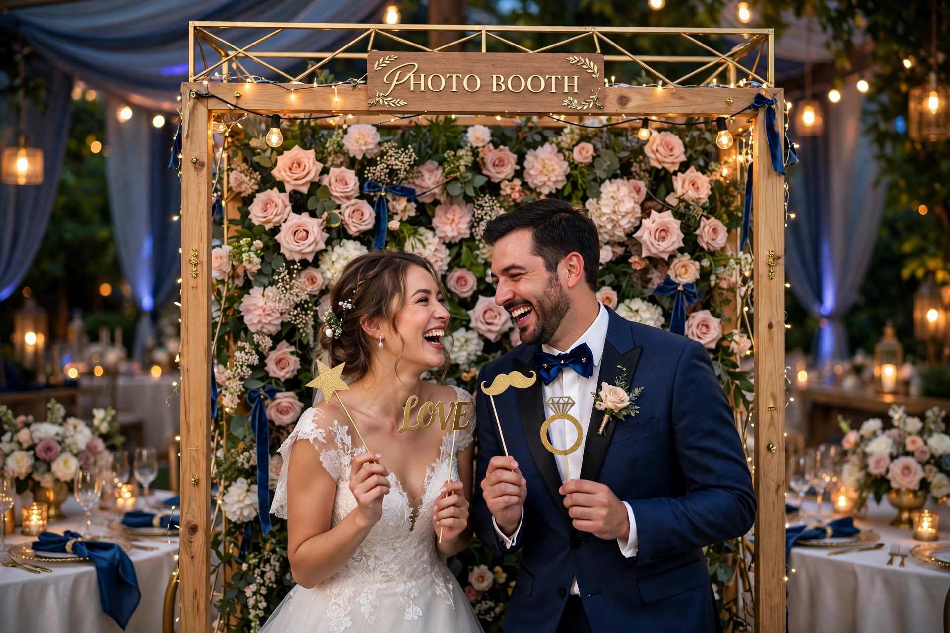 Elegant wedding photo booth with floral backdrop and happy couple
