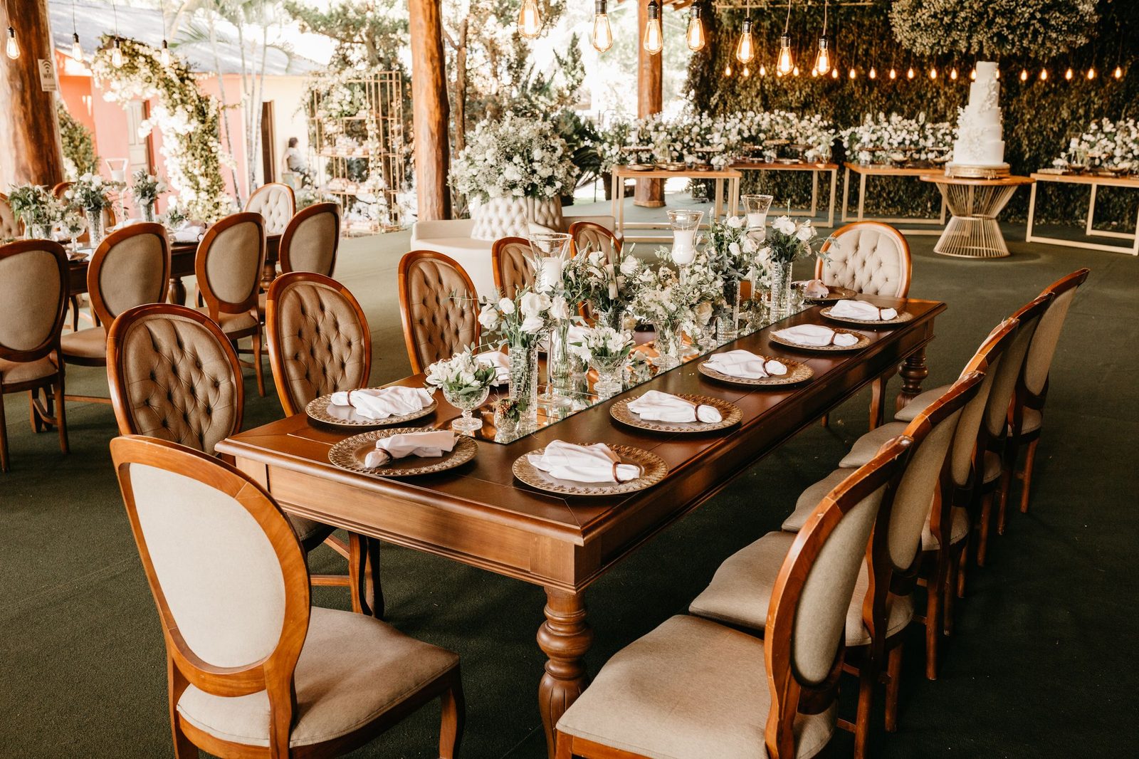 Elegant wedding reception hall set for dinner