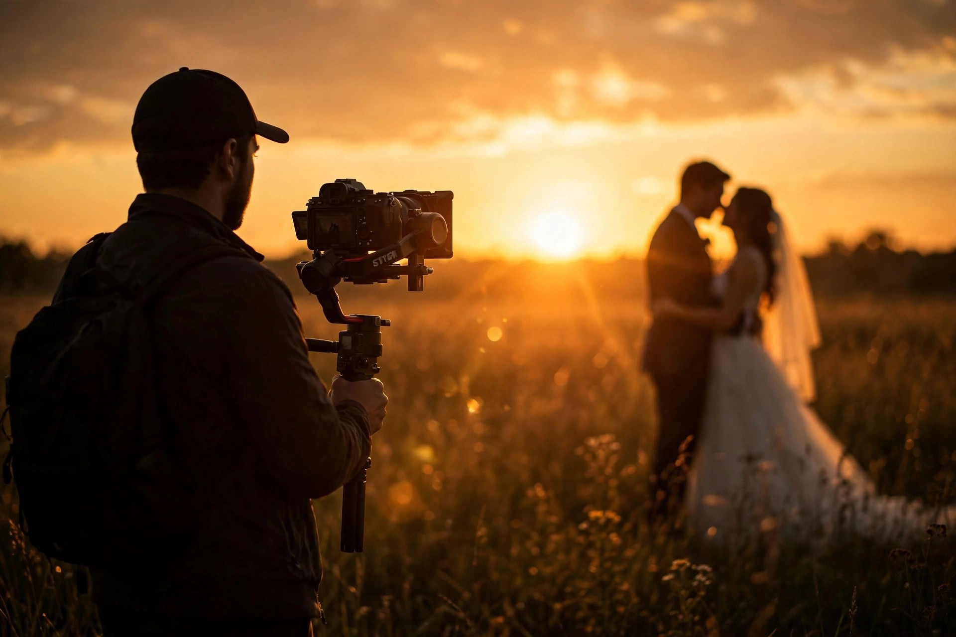 Wedding videographer filming a couple at sunset